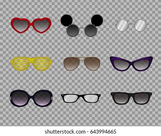 A collection of trendy glasses, stylish modern eyewear, optics,sunglasses. Personal accessories and style attributes.