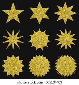 Collection Of Trendy Gold Stars Shapes. Set Sunburst Design Elements . Bursting Rays Clip Art. Gold Sparkles. Best For Sale Sticker, Price Label, Quality Sign. Christmas Star.