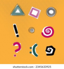 Collection trendy halftone vector geometric shapes and punctuation marks.