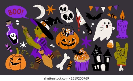 Collection of trendy Halloween stickers, patches. A girl dressed up as a witch, Halloween sweets, pumpkins, ghosts. Groovy Vector set isolated background