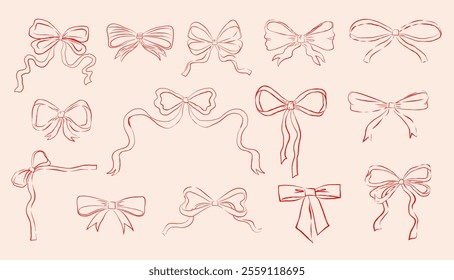 Collection of trendy hand drawn bows, ribbons illustrations. Bows doodles, vector design