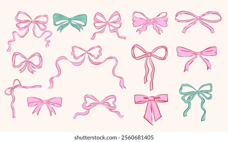 Collection of trendy hand drawn bows, ribbons illustrations. Bows doodles, vector design