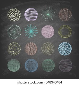 Collection of trendy Hand Drawn circles textures on the blackboard. Isolated. Vector illustration.