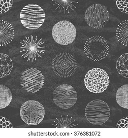 Collection of trendy Hand Drawn circles textures on the blackboard. Isolated. Seamless pattern. Vector illustration.
