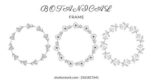 Collection of trendy hand drawn flowers. Frame for design. Minimalistic herbal botanical set border. Single line art. clip art.  Silhouette. Elements. Cut out. Speech bubbles. Png. Circles. Scribbles