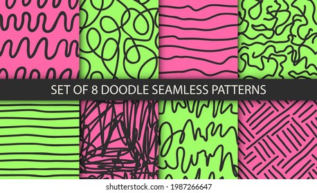 Collection of trendy hand drawn patterns. Fashion 80-90s. Trendy pink and green colors and black fun textures.