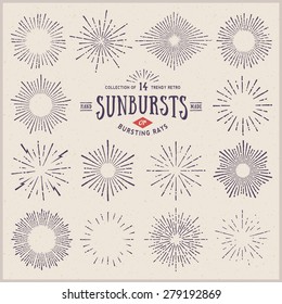 collection of trendy hand drawn retro sunburst/bursting rays design elements