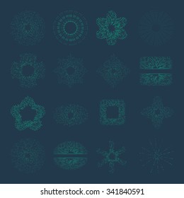 Collection of trendy hand drawn retro sunburst in set of four. Bursting rays design elements in various shapes. Sun ray frames vector design.