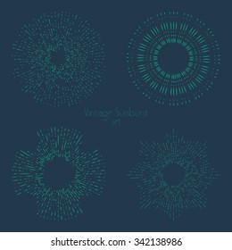 Collection of trendy hand drawn retro sunburst in set of four. Bursting rays design elements in various shapes. Sun ray frames vector design.
