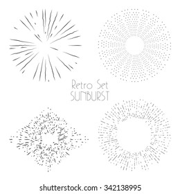 Collection of trendy hand drawn retro sunburst in set of four. Bursting rays design elements in various shapes. Sun ray frames vector design.