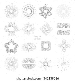 Collection of trendy hand drawn retro sunburst in set of four. Bursting rays design elements in various shapes. Sun ray frames vector design.