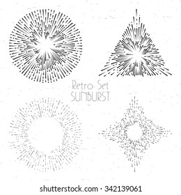 Collection of trendy hand drawn retro sunburst in set of four. Bursting rays design elements in various shapes. Sun ray frames vector design.