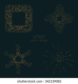 Collection of trendy hand drawn retro sunburst in set of four. Bursting rays design elements in various shapes. Sun ray frames vector design.