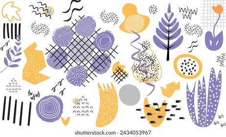 Collection of trendy Hand Drawn shapes and textures. Hand drawn doodle sketch, background element set. Cute doodle pattern with abstract grunge shapes, dots, circle, and textures.