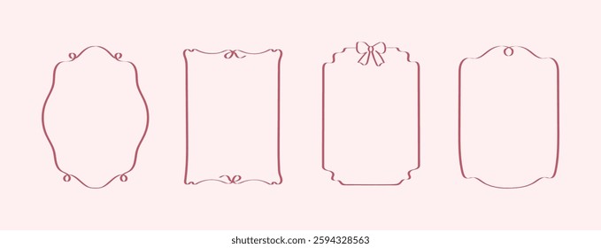 A collection of trendy hand-drawn doodle frames featuring wavy lines and delicate bows. Minimalist line art with a modern, whimsical touch—perfect for wedding invitations, birthday cards, menu designs