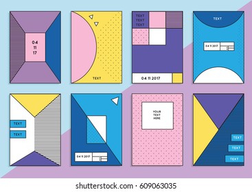 Collection of trendy hipster cards or banners with different colorful backgrounds in Memphis style, 80`s, with geometric elements. Design layout for your invitation, poster, flyer, brochure, cover