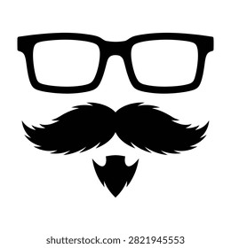 Collection of trendy hipster face accessories including black eyeglasses, a large handlebar mustache, and a soul patch beard isolated on white for design use.