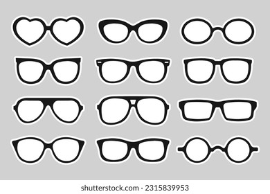 Collection of trendy hipster sunglasses. Fashion sunglasses, black silhouettes, summer accessory. Icons, stickers, vector