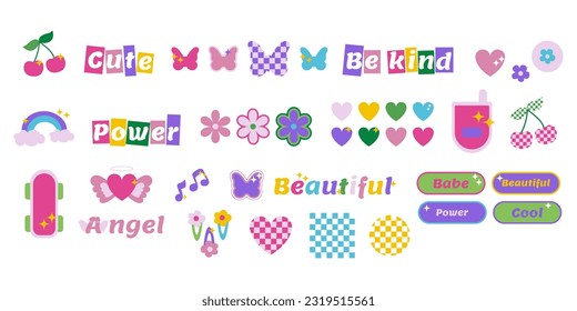 Collection of trendy icons in 90s, 2000s style. Y2k sticker butterfly 2000s. Set of design elements, flowers, hearts, worlds, checkerboards illustration. Vector