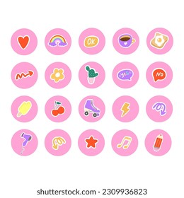 Collection of trendy icons. Cute stickers - love, roller skate, flower, cup, toast, rainbow. Retro elements on pink background. Objects for scheduler or organizer. Isolated vector illustration