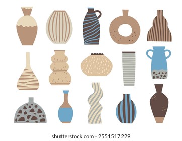 Collection of trendy interior vases. Ceramic pottery in minimalistic style in pastel earth colors. Vector elements.