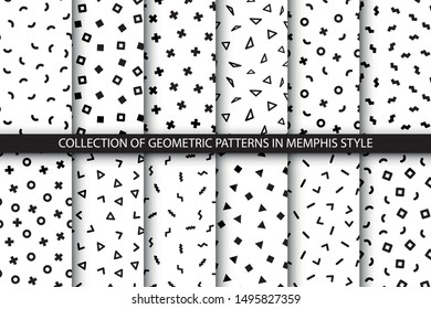 Collection of trendy memphis patterns - seamless. Fashion 80-90s. Black and white mosaic textures.