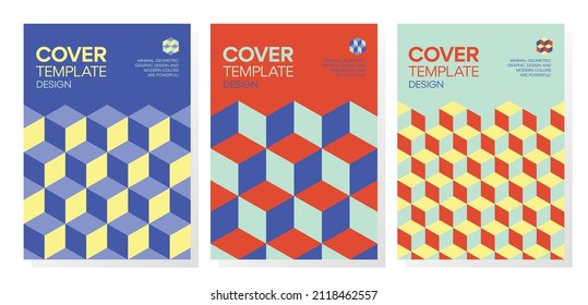 Collection of trendy minimal 3d geometric shapes cover designs. Abstract dynamic isometric optical illusion backgrounds for brochures, flyers, prints, posters, layouts.