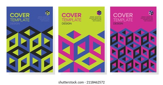 Collection of trendy minimal 3d geometric shapes cover designs. Abstract dynamic isometric optical illusion backgrounds for brochures, flyers, prints, posters, layouts.