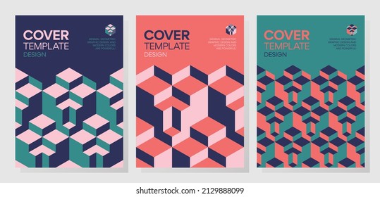 Collection of trendy minimal 3d geometric shapes cover designs. Abstract dynamic isometric optical illusion backgrounds for brochures, flyers, prints, posters, layouts.