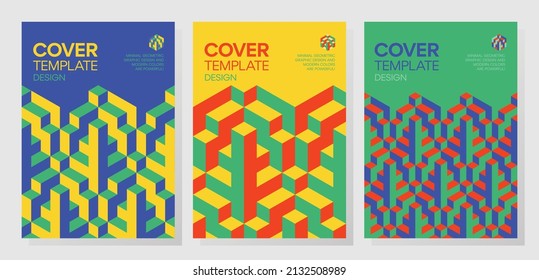 Collection of trendy minimal 3d geometric shapes cover designs. Abstract dynamic isometric optical illusion backgrounds for brochures, flyers, prints, posters, layouts.