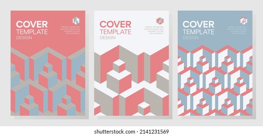 Collection of trendy minimal 3d geometric shapes cover designs. Abstract dynamic isometric optical illusion backgrounds for brochures, flyers, prints, posters, layouts.