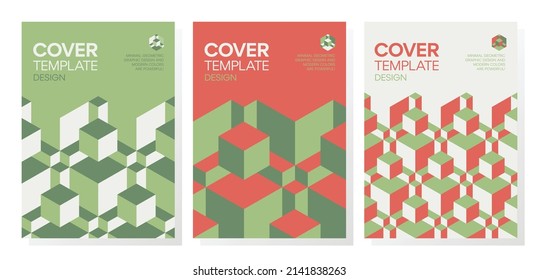 Collection of trendy minimal 3d geometric shapes cover designs. Abstract dynamic isometric optical illusion backgrounds for brochures, flyers, prints, posters, layouts.