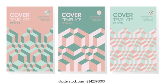 Collection of trendy minimal 3d geometric shapes cover designs. Abstract dynamic isometric optical illusion backgrounds for brochures, flyers, prints, posters, layouts