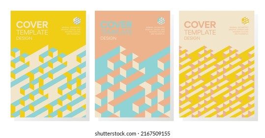 Collection of trendy minimal 3d geometric shapes cover designs. Abstract dynamic isometric optical illusion backgrounds for brochures, flyers, prints, posters, layouts.