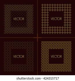 Collection of trendy mono line vector frames.Golden outline, art deco, luxury, hipster, foil, linear style. For Monogram, Emblem decoration.Isolated on brown background.