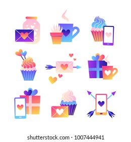 Collection of trendy neon vector icons. Colorful illustrations with heart, cup, arrow, gift, cupcake. Cute gradient icons on white isolated background.