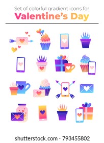 Collection of trendy neon vector icons. Colorful illustrations with heart, cup, arrow, gift, cupcake. Cute gradient icons on white isolated background.