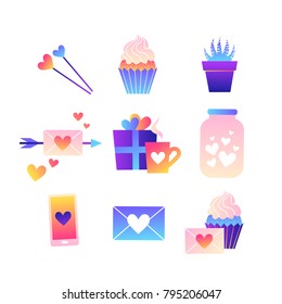 Collection of trendy neon vector icons. Colorful illustrations with heart, cup, arrow, gift, cupcake. Cute gradient icons on white isolated background.