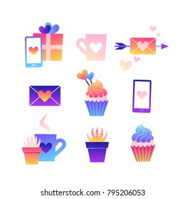 Collection of trendy neon vector icons. Colorful illustrations with heart, cup, arrow, gift, cupcake. Cute gradient icons on white isolated background.