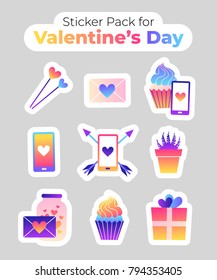 Collection of trendy neon vector stickers. Colorful illustrations with heart, cup, arrow, gift, cupcake. Cute gradient icons with white isolated background.