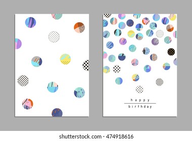 Collection of trendy party cards and invitations with confetti. Vector. Isolated.