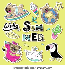 Collection of trendy patches with pug dog and summer items on yellow background. Vector illustration of funny cartoon animals