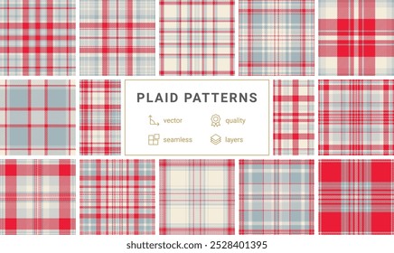 A collection of trendy plaid patterns with geometric checks, perfect for textile, fabric, wallpaper, or clothing designs.