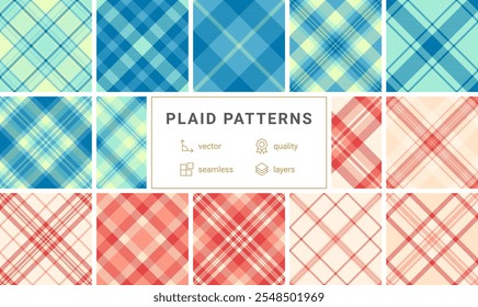Eine Sammlung trendiger karierter Muster mit geometrischen Schecks, perfekt für Textil-, Stoff-, Tapeten- oder Kleidungsdesigns.