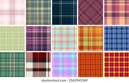 A collection of trendy plaid patterns with geometric checks, perfect for textile, fabric, wallpaper, or clothing designs.
