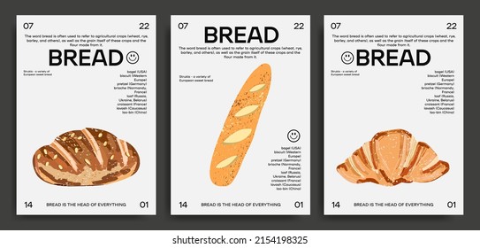 Collection of trendy posters with bread products and fresh pastries on an isolated background.Baguette, croissant, bun. for printing, wall decor. abstract design, typography