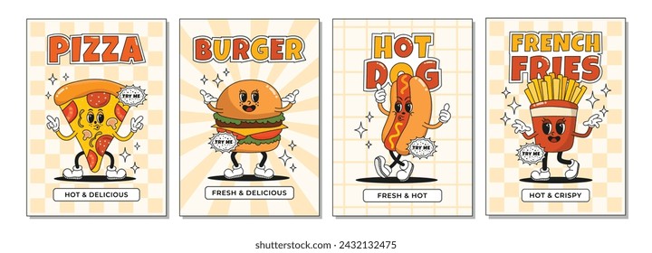 Collection of trendy posters, flyers, banners with burger, hot dog, fries and pizza in groovy retro style. Fast street food poster set. Vector illustration with editable stroke. 