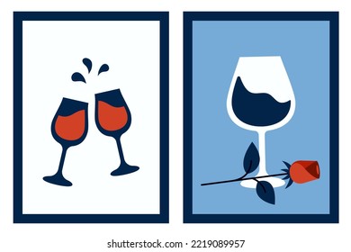 Collection of trendy posters. Minimalistic modern card with glass of wine, cocktail, rose. Vector illustration for for Valentine's day, holidays, gift, romantic dinner, party, wedding, dating