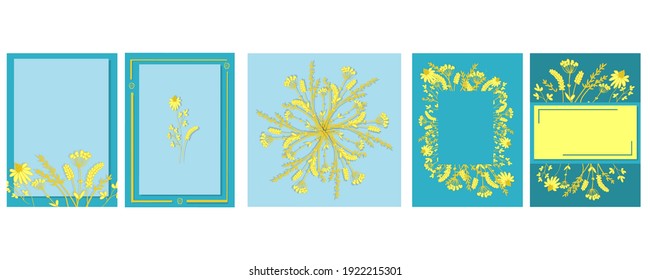 Collection of trendy posters. Yellow wildflowers on a blue background. Vector illustration.
