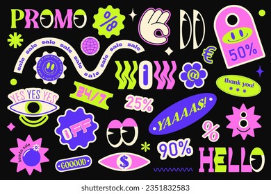 Collection of trendy promo labels tags, stickers, stamps for shopping and packaging, discounts. Vector set Y2K modern trend.